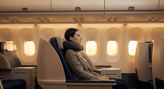 Voyageur confortable en avion évitant les douleurs cervicales avec une bonne posture et un oreiller de voyage
